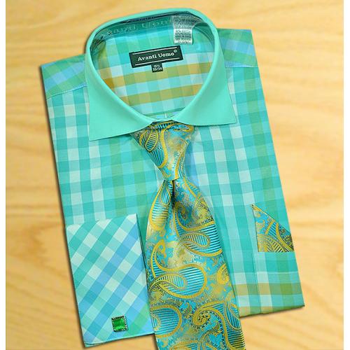 Avanti Uomo Mint Green / White Check Design Shirt / Tie / Hanky Set With Free Cufflinks DN60M.